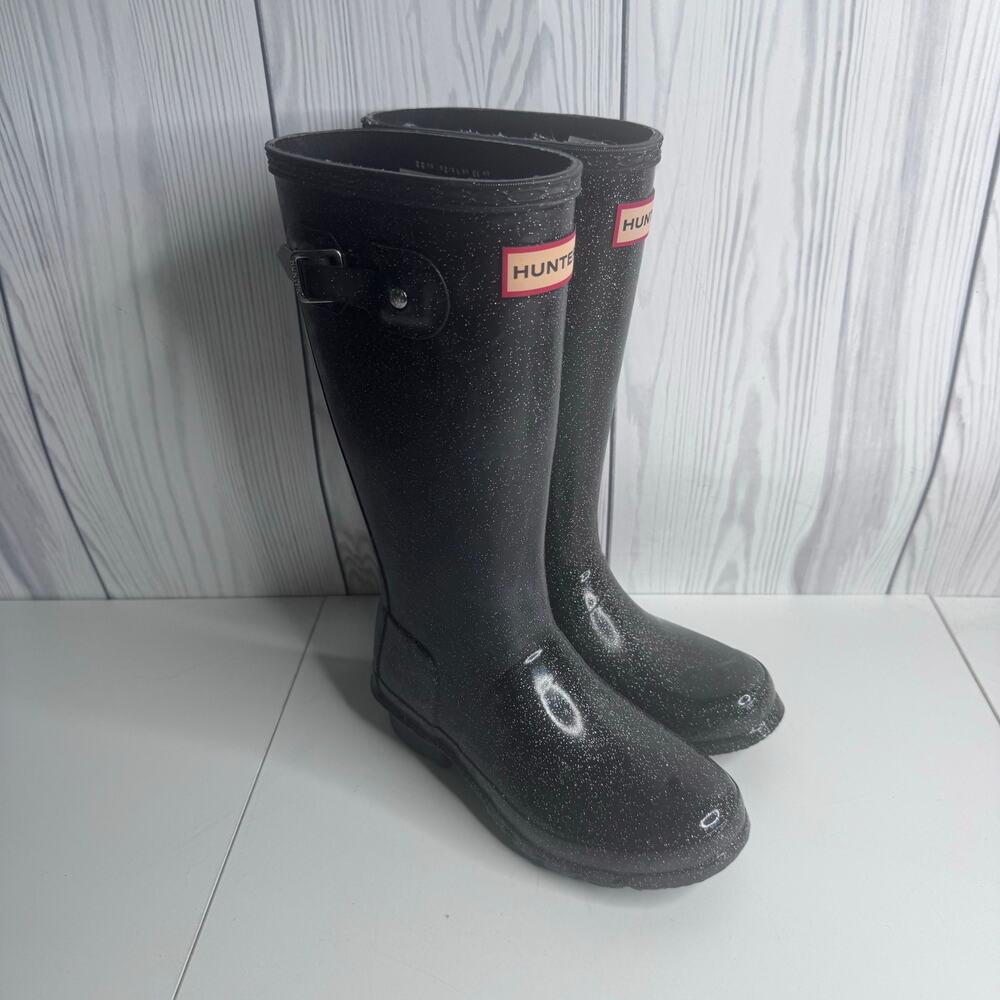 Hunter Big Kids Original Giant Glitter Girls 1 Rain Boots, Black